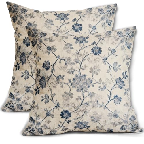 Blue Grey Floral Pillow Covers 16x16 Set of 2,Vintage Chinoiserie Decorative Throw Pillowcases Rustic Antique Flower Outdoor Decorative Cushion Cases Farmhouse Decor for Sofa Couch Bed - color: Blue Grey-floral, size: 16" x 16" (Pack of 2)