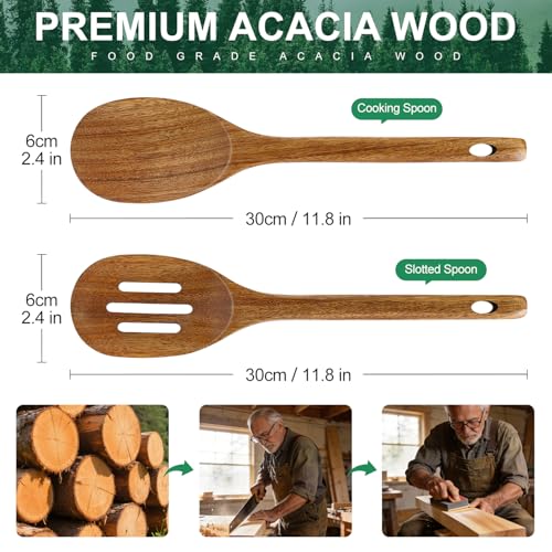 Wooden Spoon for Cooking Utensil Non Toxic Serving Mixing Slotted Spoon Set | Acacia Wood Utensils for Cooking Spoons Large Kitchen Spatula Long Stirring Spoon Scoop Korean Teak Soup Ladle Baking Spoon - color: SLOTTED+COOKING SPOONS
