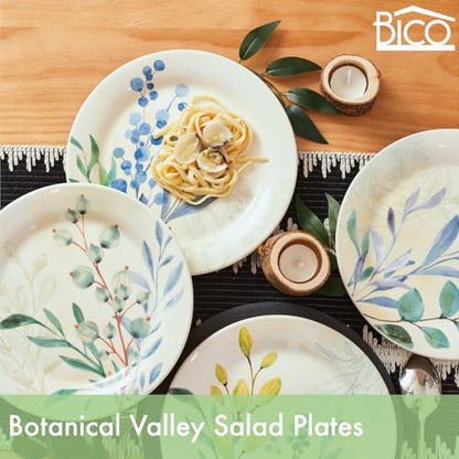 Bico Botanical Valley Salad Plates Set of 4, 8.75 Inch Ceramic Dessert Plates for Salad, Appetizer, Side Dishes, Microwave and Dishwasher Safe, Gift for Housewarming and Thanksgiving - color: Botanical Valley