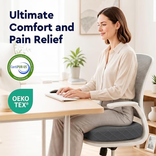 Seat Cushion - Memory Foam Sitting Pillow for Office Chair, Car Seat, Airplane, Bleacher - Sciatica & Hip & Coccyx Pain Relief Desk Chair Cushion for Long Sitting Office Workers, Car Drivers | for Car Seat, Airplane, Desk Chair - Sciatica & Hip & Coccyx P