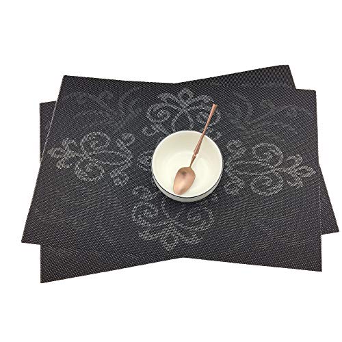 Luxury Black Placemats Set of 6 Crossweave Woven Vinyl Placemat for Dining Table Heat Resistant Non-Slip Kitchen Table Mats Easy to Clean - color: Symmetry-black