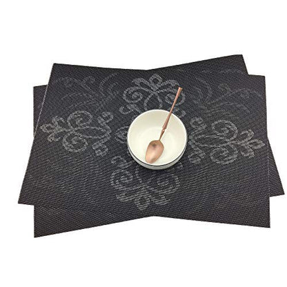 Luxury Black Placemats Set of 6 Crossweave Woven Vinyl Placemat for Dining Table Heat Resistant Non-Slip Kitchen Table Mats Easy to Clean - color: Symmetry-black