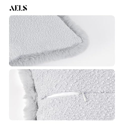 Decorative Luxury Boucle Throw Pillow Covers with Faux Fur 18x18, Set of 2, Modern Plush Pillow Case, Boho Farmhouse Cushion Case for Bed Couch Sofa, Light Gray (Covers Only) - size: 18" x 18" (Pack of 2)