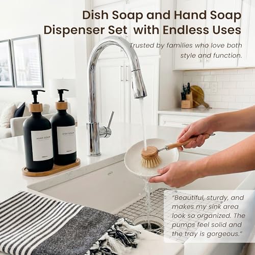 MaisoNovo Glass Dish Soap Dispenser for Kitchen Set of 2-16.9oz Dish and Hand Soap Dispenser Set for Kitchen - Black Glass Bottles x 2 with Black Bamboo Pumps & Tray - color: Black Bottles/Black Bamboo Pumps