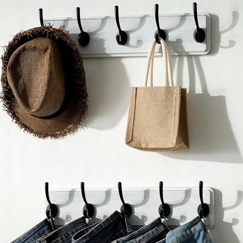 SKOLOO Rustic Wall Mounted Coat Rack, 16 inches Hole to Hole, Case of 2, Pine Solid Wood Coat Hook Hanger - 5 Hooks for Hanging Clothes Robes Towels Coats - color: White Plate & Black Hook, size: 2 Item-5 Hooks