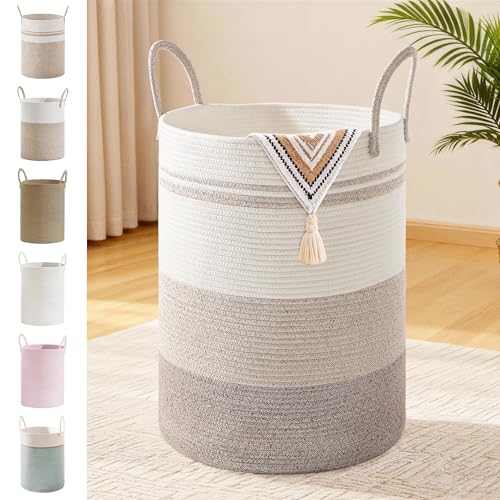 72L Large Tall Cotton Rope Laundry Basket with Handles, Brown Striped | Storage Bin for Clothes, Blankets & Kids Toys, Boho Woven Hamper, Portable Organizer for Nursery, Bedroom, Living Room - color: Brown Striped, size: 72L