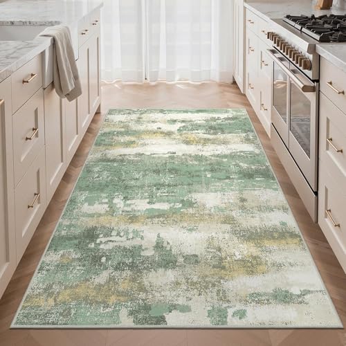GENIMO Kitchen Rugs, Large Washable Non Slip Kitchen Mats for Floor | 48"x72", Green vintage abstract rug, soft faux cashmere, low pile, easy-clean for laundry, entryway, sink, farmhouse - color: Green, size: 48"X72”