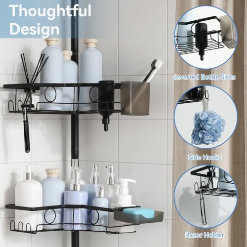 4-Tier Corner Shower Caddy Tension Pole Organizer, Black | Rustproof, Adjustable No-Drill Shelf, 22.24-119.69 in, Bathroom Storage with Soap and Toothbrush Holders, Towel Bar and Hooks