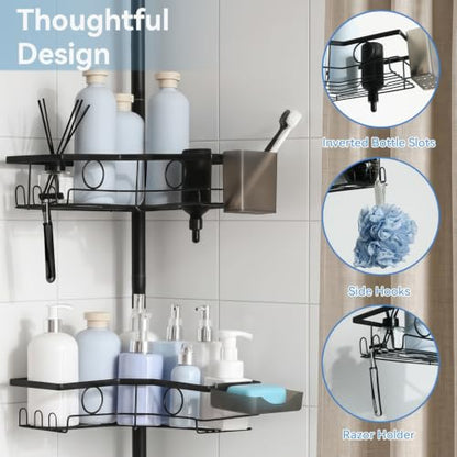 4-Tier Corner Shower Caddy Tension Pole Organizer, Black | Rustproof, Adjustable No-Drill Shelf, 22.24-119.69 in, Bathroom Storage with Soap and Toothbrush Holders, Towel Bar and Hooks