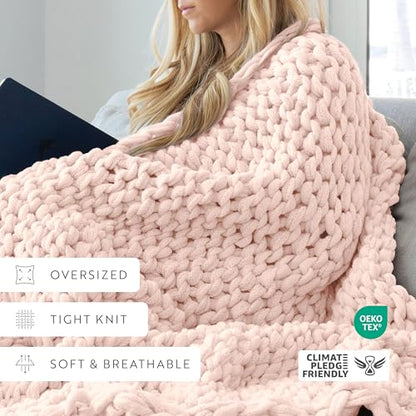 Merit Linens Chunky Knit Throw Blanket - One Size Blush - color: Chunky Hand-knit Blush