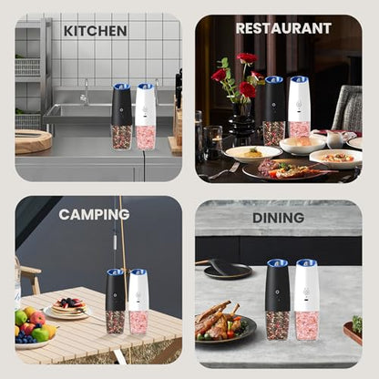 Rechargeable Gravity Salt Pepper Grinder Set, 2 Pack (Black+White) | Gravity Rechargeable Grinder With Led Light & Adjustable Coarseness, No Extra Batteries Needed For Kitchen Seasoning - color: Rechargeable/2pcs/Black+White