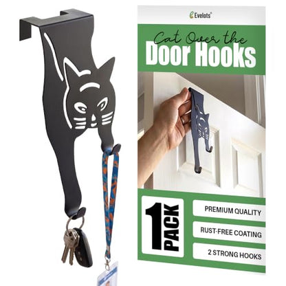 Evelots Cat Over The Door Hooks for Hanging - Black - Over The Door Organizer - Strong Metal Hooks - size: 1 Pack, style: Scratching Cat Design