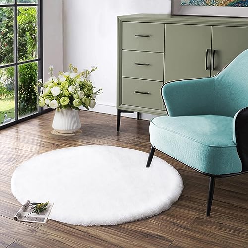 Latepis White Fur Round Rug 3ft Non-Slip Washable Circle Rug Fluffy Faux Rabbit Fur Rugs for Photoshoot Plush Shag Furry Carpet for Living Room Bedroom Kids Room - color: White, size: 3' (Round)