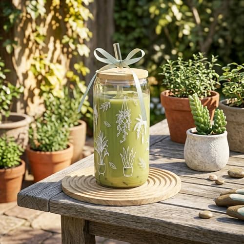 Garden Plant Lovers Gifts Gardening Gifts for Women Plant Lady | Gardeners Glass Cup Coffee Tumbler Mug with Lid and Straw Basket Stuff Present for Mom Birthday, Girls, Teens, 16oz - style: Plant
