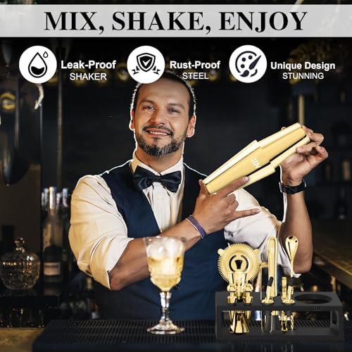 IOV Cocktail Shaker Set: 12-Piece Mixology Bartender Kit Bar Set | 16oz & 28oz Boston Shaker Drink Mixing Tools for Home with Recipe Booklet and Stand | Fun Housewarming Gift (Gold) - color: 12 Pcs - Gold