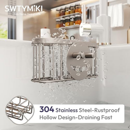SWTYMIKI Sponge Holder for Kitchen Sink - Movable Sink Caddy with Smiley Face Sponge Holder, Rustproof Hanging Sponge Organizer in Double Bowl Sinks Depth>3.15in, Middle Divider<1.5in, Sand Nickel - color: Sand Nickel-smiley Sponge Holder