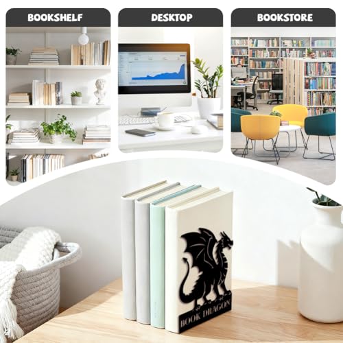 5.3"x4.3"x6.9" Metal Bookends, Heavy Duty Book Ends for Shelves | Dragon Theme Cast Iron Book Supports, 1 Pair Decor Stoppers for Desk, Library, Office & Home Shelves - style: Dragon