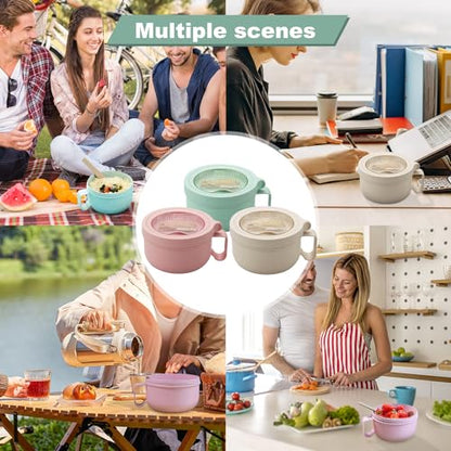 Rarapop 3 Pack Microwave Soup Bowl Containers with Lids, 28.7oz Wheat Straw Ramen Noodles Cup Mug for Instant Noodles,Oatmeal, Gumbo, Salad,Crunch,Cereal & More, Easy-Grip Design(Beige, Pink, Green) - color: Green/Pink/Beige