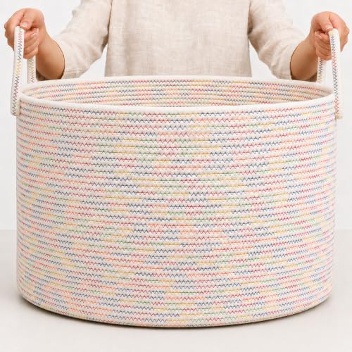 OrganiHaus Round Toy Basket & Blanket Basket, Cotton Rope 20x13" | Stitches Rainbow - Round Cotton Rope Basket, 20x13" - color: Stitches Rainbow, size: Wide