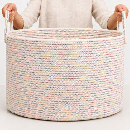 OrganiHaus Round Toy Basket & Blanket Basket, Cotton Rope 20x13" | Stitches Rainbow - Round Cotton Rope Basket, 20x13" - color: Stitches Rainbow, size: Wide