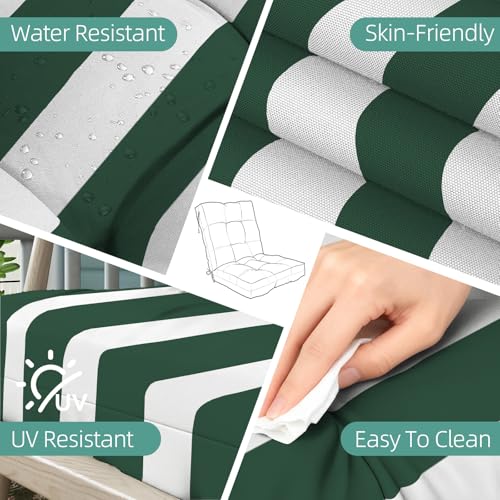Outdoor Chair Cushions 42x21x4 Inch Set of 2, Dark Green Stripe | Patio Cushions for Dining Rocking Chairs, High Back Soft Seat Pad with Ties, Waterproof Fade Resistant, Indoor Outside Use - color: Dark Green White Stripes