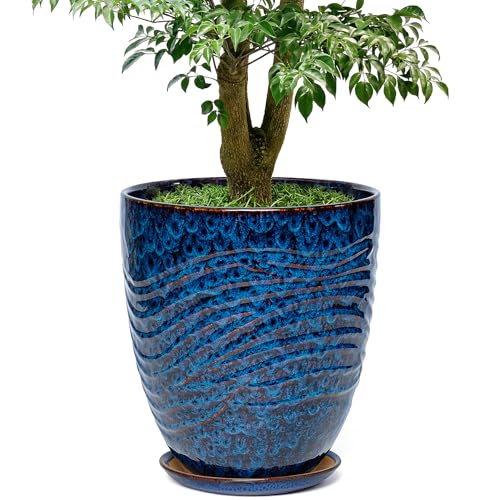11.8 Inch Modern Ceramic Plant Pot with Saucer, Flower Pot with Drainage Hole Mesh Net,Indoor Outdoor Planter (Speckle Blue) - color: Peacock Blue, size: 11.8 Inch