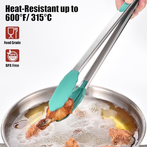 Doosu 16in Kitchen Tong for Cooking - 600°F Heat Resistant Food Tong with Non-Scratch Silicone Tips & 600°F Heat Resistant Silicone Spoon Spatula Set of 3 Cooking Spoons for Stir Mixing (Aqua Sky)