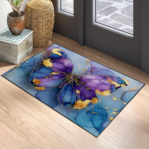 Marble Butterfly Area Rug 2x3 ft Entry Rug Washable Boho Rugs Non Slip Low Pile Floral Door Mat Small Carpet for Bedroom, Bedside, Kids Room, Office, Dining Room - color: Marble Butterfly, size: 2' x 3' (Rectangular)