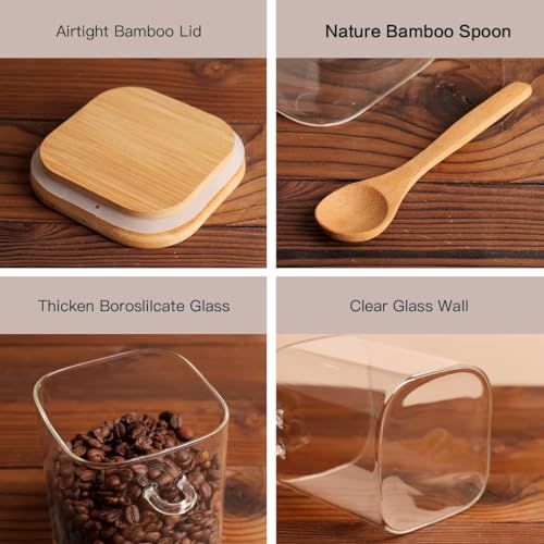 HHMJSM 6 Pcs Square Glass Jar with Bamboo Lid and Spoon - 27 oz Large Sugar Container with 148 Kitchen Pantry Spice Jar Labels Preprinted - Glass Containers with Wooden Lids Hold Coffee, Tea, Candy - color: 27oz