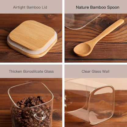 HHMJSM 6 Pcs Square Glass Jar with Bamboo Lid and Spoon - 27 oz Large Sugar Container with 148 Kitchen Pantry Spice Jar Labels Preprinted - Glass Containers with Wooden Lids Hold Coffee, Tea, Candy - color: 27oz