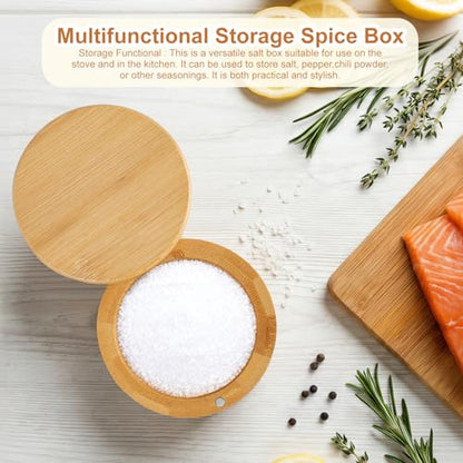 Salt Holder with Lid, Bamboo Salt Container, Salt Cellar with 360° Swivel Lid for Countertop to Store Pepper Spice, Premium Solid Salt Box Holder on Your Kitchen, 6 Oz by Pniimoo