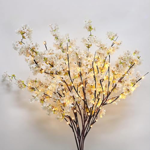 3 Pcs Artificial Cherry Blossom Branches 39'' Cherry Blossom Tree Decor - color: White Cherry Blossom With Tree Led Light, size: Pack of 3