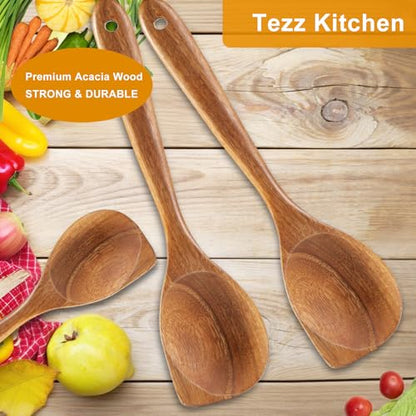 2 Pack Premium wooden spoons for cooking - Acacia Wood Kitchen utensils for Cooking and Stirring, Durable Hardwood Stirring Spoon, Non-Scratch Cooking utensil Tool, Ergonomic Handle 13 Inches - size: Cooking Spoons