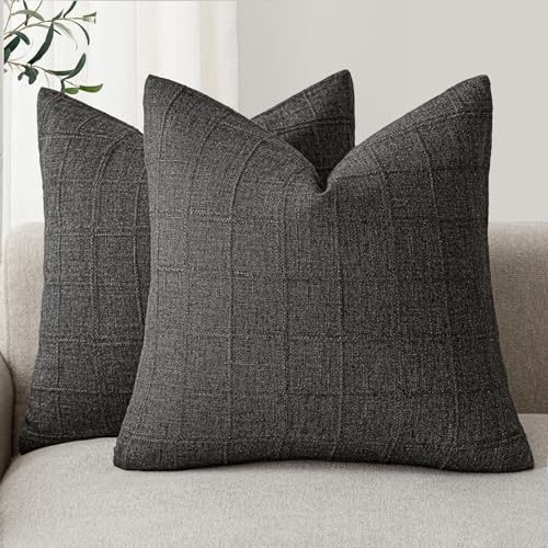 Foindtower Set of 2 Decorative Linen Check Throw Pillow Covers Neutral Farmhouse Vintage Cushion Covers Modern Boho Home Decor for Sofa Chair Couch Bedroom Living Room,16×16 Inch,Charcoal - color: Charcoal, size: 16" x 16" (Pack of 2)