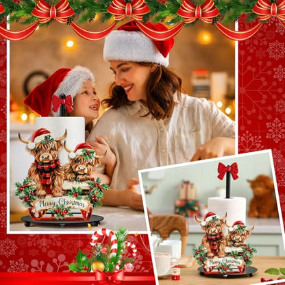 Christmas Highland Cow Paper Towel Holder with Round Base | Rustic Bathroom Countertop Decor, Festive Dispenser for Toilet Home Accessories, Holiday Organizer with Stable Base Design - style: Christmas Highland Cow