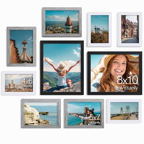 Vittanly 10 Pack Gallery Wall Frame Set, Black, Grey, White | Gallery Wall Frame Set: 2pcs 8x10, 4pcs 5x7 & 4pcs 4x6 Photos for Wall & Table, Picture Frames made of Engineered Wood - color: Black & Grey & White
