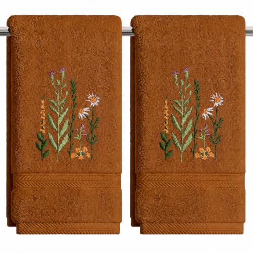 Artoid Mode 2 Pcs Caramel Wildflower Floral Embroidered Hand Towels for Bathroom, 100% Cotton Soft Absorbent Farmhouse Decor Towels, 13.7 x 29.5 Inch - color: Caramel, size: 13.7" x 29.5", 2PCS