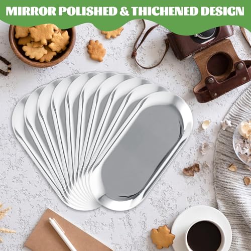 10PCS Stainless Steel Serving Tray Set Silver Platters for Serving Food Extra Small Metal Trays Decorative 7" Long Plate Oval Storage Tray Thickened Serving Dishes for Party Buffet Sushi Snack