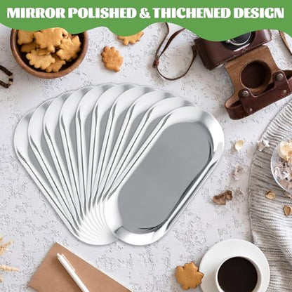 10PCS Stainless Steel Serving Tray Set Silver Platters for Serving Food Extra Small Metal Trays Decorative 7" Long Plate Oval Storage Tray Thickened Serving Dishes for Party Buffet Sushi Snack