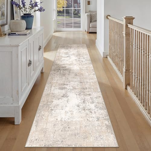 2x4 Beige Grey Abstract Runner Rug | Washable, Non Slip, Soft Low Pile, Modern Neutral, for Hallway Kitchen Laundry Bathroom Bedroom Home Decor - color: Beige/Grey, size: 2' x 4' (Runner)