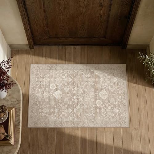 2x3 Beige Neutral Area Rugs Washable Door Mat | Entryway Rug, Vintage Rug, Hallway, Kitchen, Bedroom, Laundry, Non Slip, Low Pile, Soft, Distressed - color: Beige, size: 2' x 3' (Rectangular)