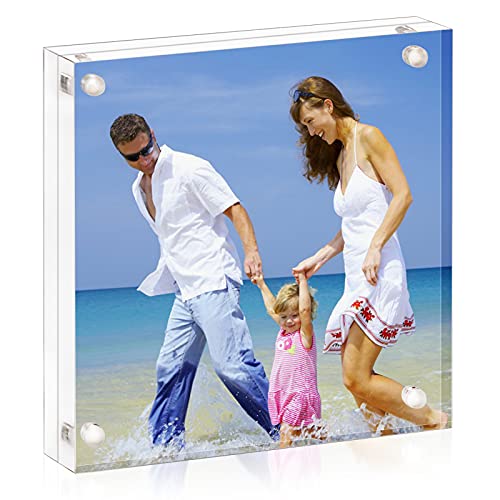 AMEITECH 4x4 Inch Acrylic Picture Frame, Clear Double Sided Block Acrylic Photo Frames, Desktop Frameless Magnetic Photo Frames | Double Sided Floating Magnetic Frames, 20mm Thick, Free Standing Desktop Display for Postcards, Pictures and Artworks - size: