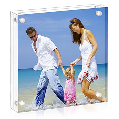 AMEITECH 4x4 Inch Acrylic Picture Frame, Clear Double Sided Block Acrylic Photo Frames, Desktop Frameless Magnetic Photo Frames | Double Sided Floating Magnetic Frames, 20mm Thick, Free Standing Desktop Display for Postcards, Pictures and Artworks - size: