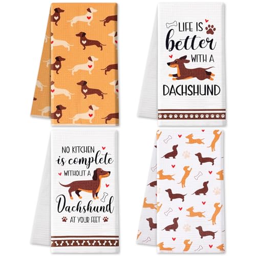 Dachshund Kitchen Towels Dachshund Gifts Reusable Dish Towels Kitchen Decor | 4PCS Funny Weiner Dog Decorative Waffle Hand Towels for Bathroom Dog Lover Mom Christmas Housewarming Gifts Tea Towel