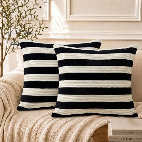 TEHALK Black Stripes Pillow Covers 18x18 Set of 2, Boho Throw Pillows Cover for Couch/Bed/Sofa/Living Room, Pillows Cover Decorative - color: Black, size: 18" x 18" (Pack of 2)