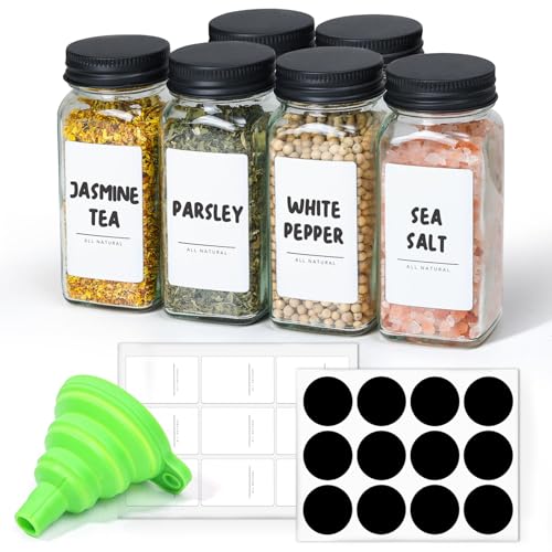 ComSaf Glass Spice Jars with with Labels 4 oz 6 Pack Small Square | Empty Containers, Seasoning Herb Powder, Salt Pepper Chili, Spice Rack Organization, Kitchen Cabinet Storage, Funnel Included - color: 4oz*6 Metal Lids