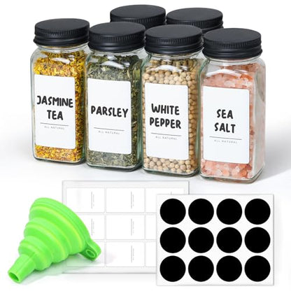 ComSaf Glass Spice Jars with with Labels 4 oz 6 Pack Small Square | Empty Containers, Seasoning Herb Powder, Salt Pepper Chili, Spice Rack Organization, Kitchen Cabinet Storage, Funnel Included - color: 4oz*6 Metal Lids