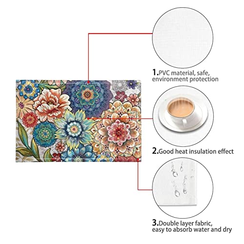 4 PCS Washable Tablemats for Home Farmhouse Beach, Easy to Clean Foldable Heat Resistant PVC Weave Rectangle Table Mats, Blooming Flower Blue - color: Blooming Flower Blue, size: Set of 4