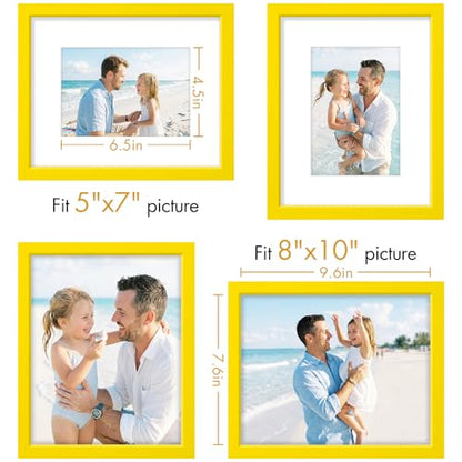 Vittanly Solid Wood 8x10 Picture Frames Set of 4, Yellow | 5x7 Picture Frame with Mat, Gallery Wall Frame Set, 8 x 10 Frame for Wall & Tabletop Display, Family, Pet, Christmas - color: Yellow, size: 8x10