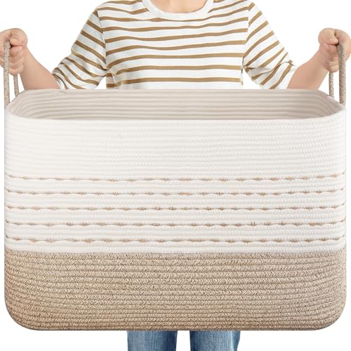 OIASKET XXL Large Blanket Basket for Living Room, 108L Woven Storage Baskets for Organizing, Rectangle Cotton Rope Basket Toy Chest With Handles--Brown & White - color: Brown & White, size: 108L